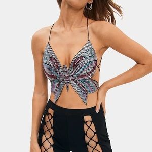 SOLADO Butterfly Shape Rhinestone Decor Cross Tie Corset Top